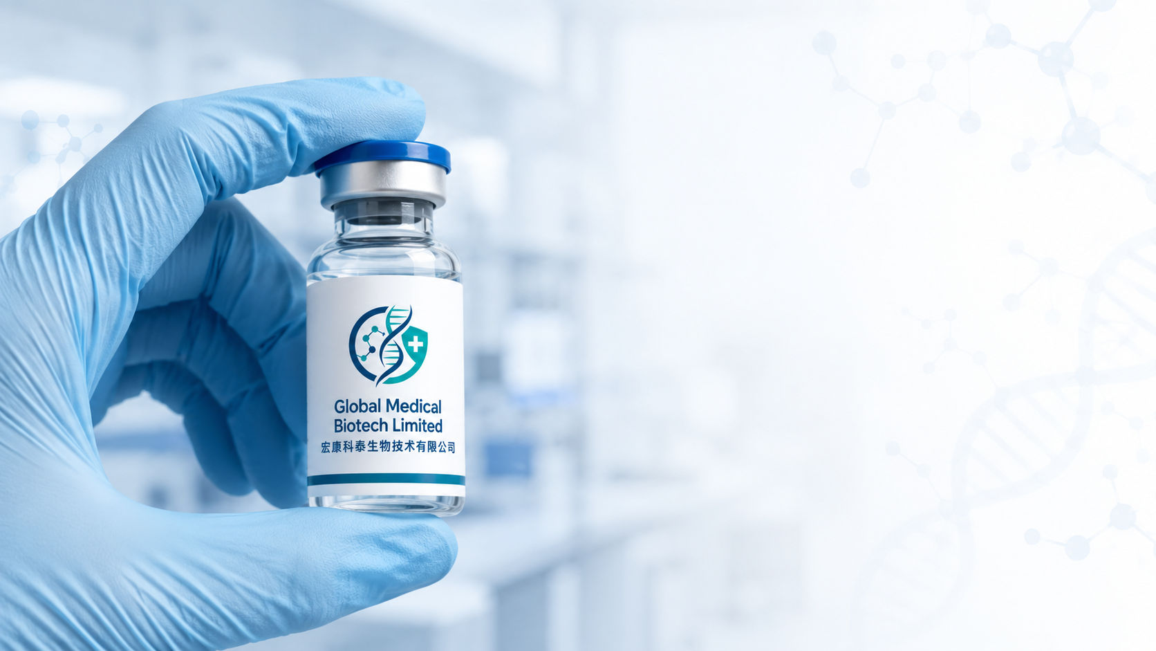 Global Medical Biotech vial held in laboratory